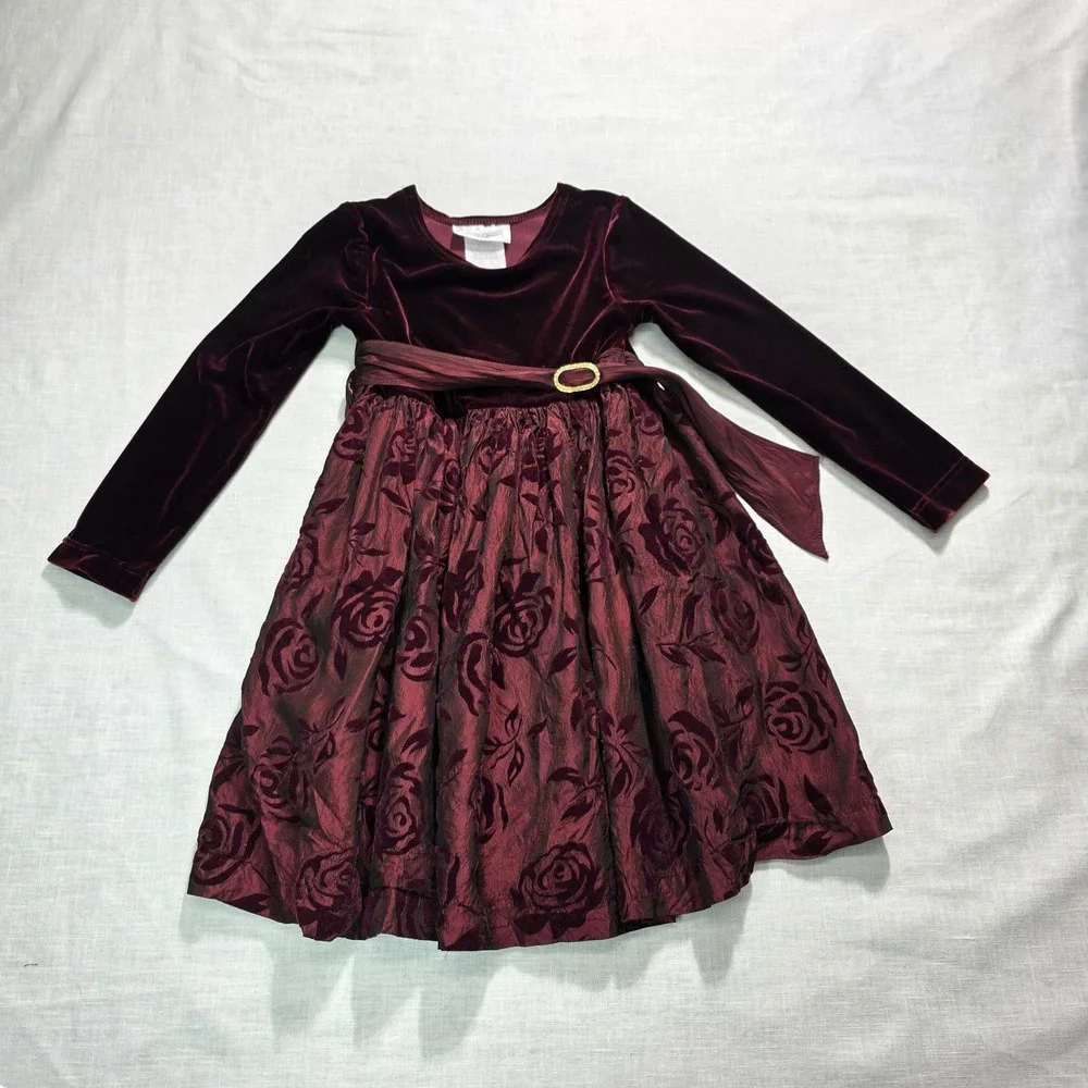 Vtg Bonnie Jean Dress Girls 4 Burgundy Velvet Burn Out Skirt Sash Holiday‎ Union